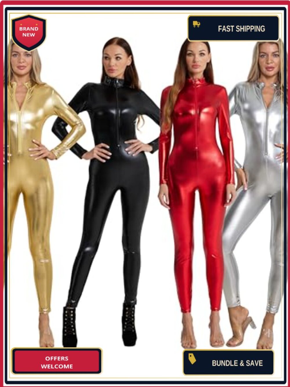 Metallic Catsuit Long Sleeve Zip Front Mock Neck Bodysuit Costume